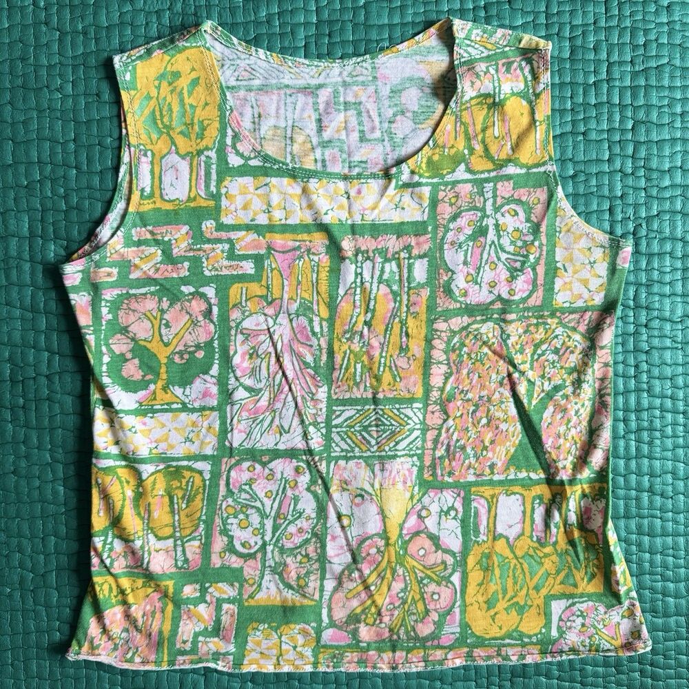 Vintage Yellow Green Tropical Tree Print Cotton Tank Top Sz M Handmade